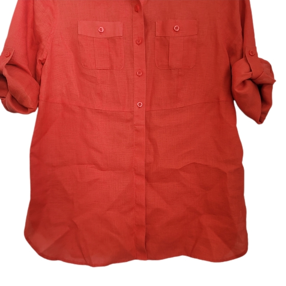 Chicos Top Womens Size 0P S Small Orange Linen Button Up Roll Tab Sleeve No Iron - Picture 4 of 7
